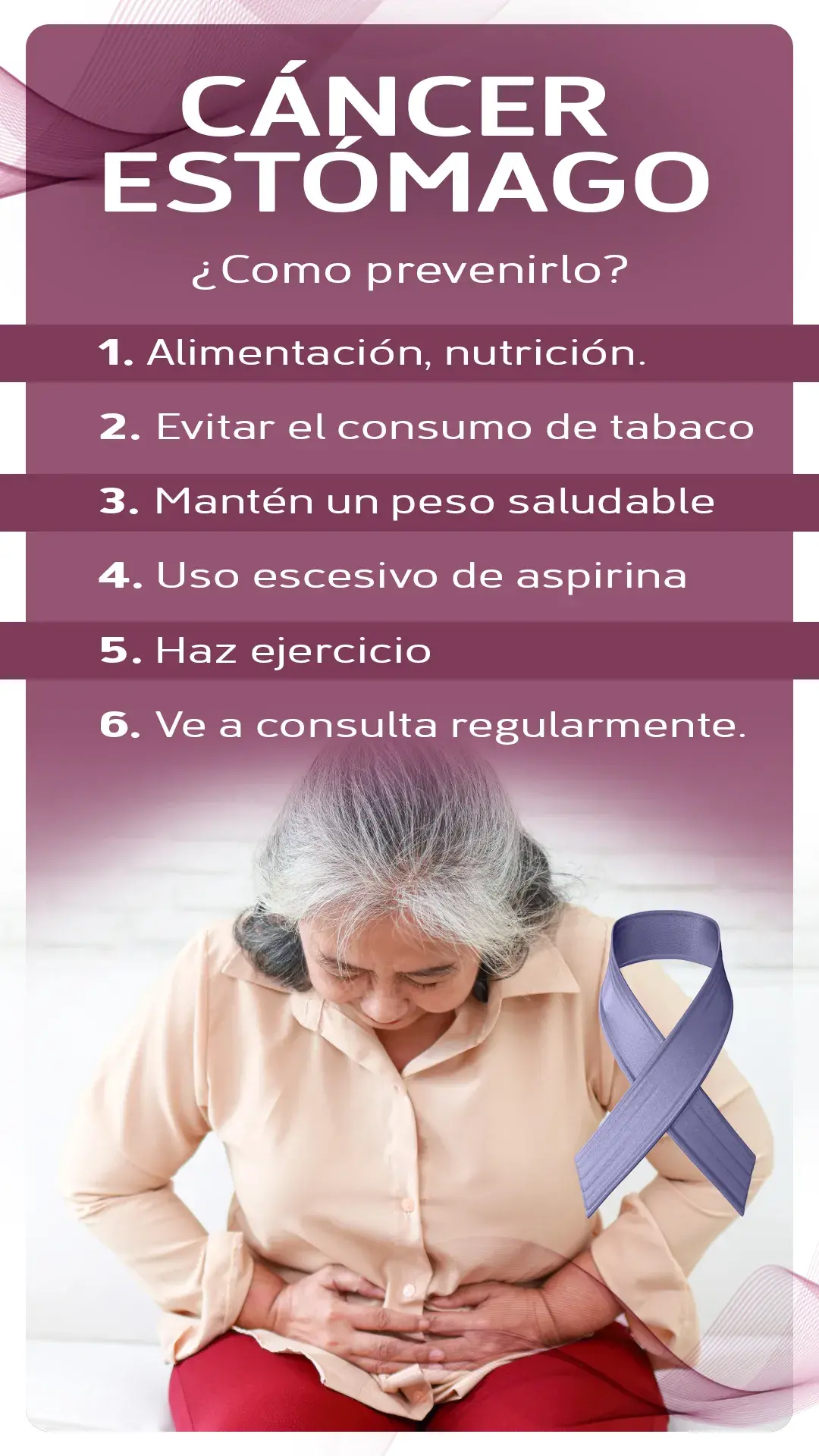 Prevención del cáncer de estómago (alimentación, no consumir tabaco, peso saludable, no uso de aspirina, ejercicio, consulta regular)