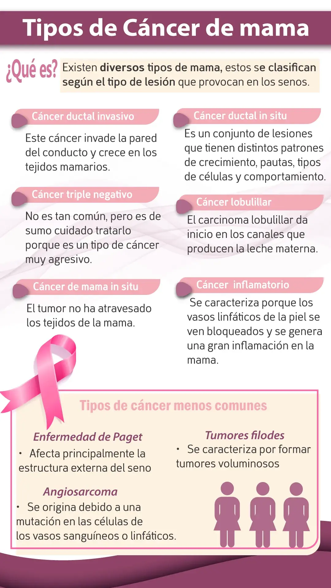 Diversidad de lesiones de cáncer de mama ( cáncer ductal invasivo, ductal in situ, triple negativo, lobulillar, in situ, inflamatorio, enfermedad de Paget, angiosarcoma, tumores filodes)